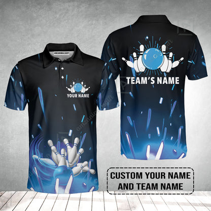 Bowling Men Polo Shirt Custom Name - Blue Bowling Personalized Bowling Polo Shirt - Gift For Friend, Family, Bowling Lovers