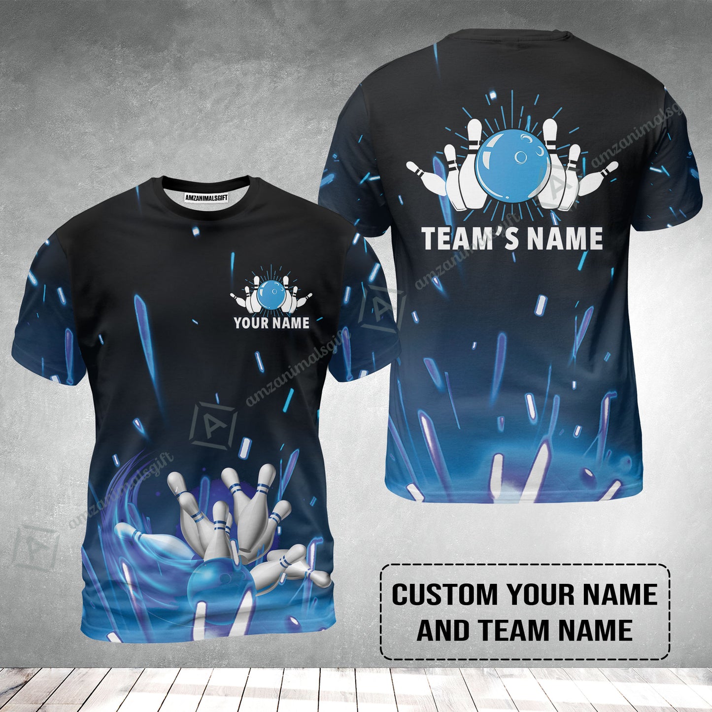 Bowling Custom Name T-Shirt - Blue Bowling Personalized T-Shirt - Gift For Friend, Family, Bowling Lovers
