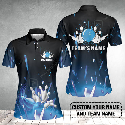 Bowling Custom Name Women Polo Shirt - Blue Bowling Personalized Women Polo Shirt - Gift For Friend, Family, Bowling Lovers