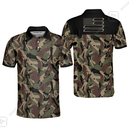 Golf Men Long Polo Shirt - Golf Camouflage Pattern Golf Polo Shirt, Military Golfing Polo Shirt, Camo Golf Shirt