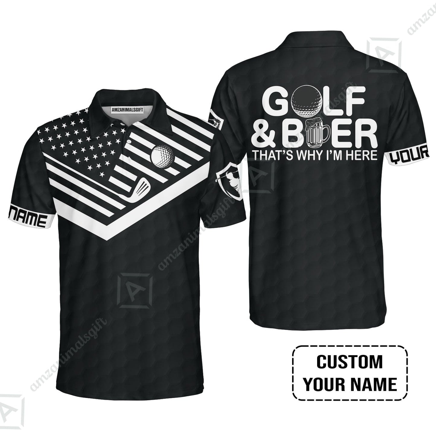 Golf Long Polo Shirt - Personalized American Flag Golf Polo Shirt, Golf And Beer That's Why I'm Here Custom Polo Shirt