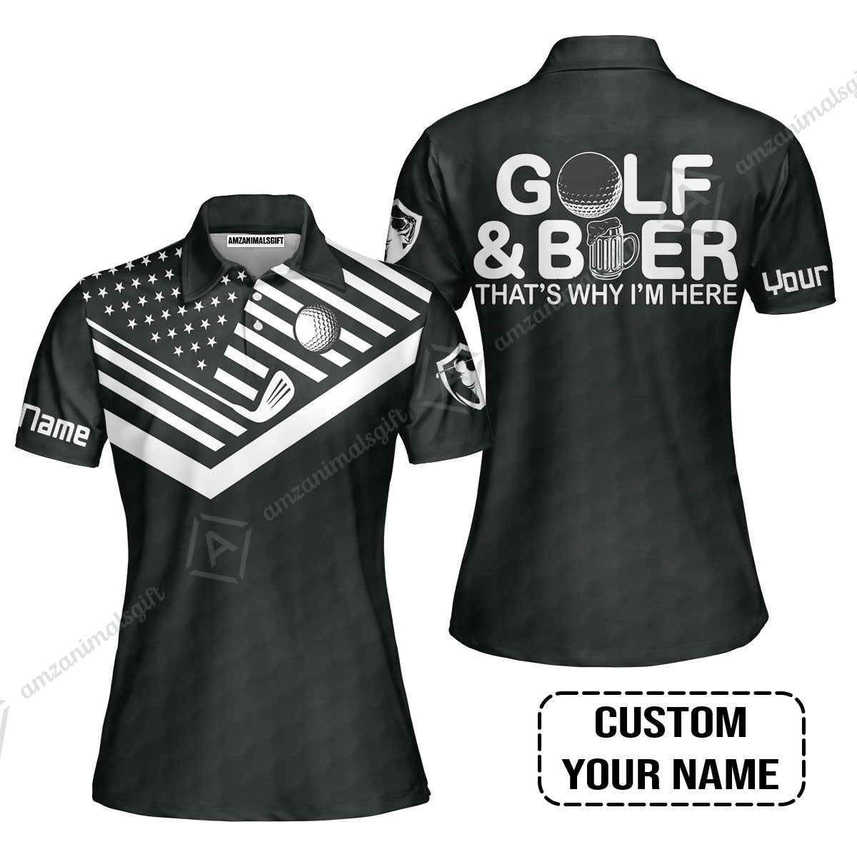 Golf Long Polo Shirt - Personalized American Flag Golf Polo Shirt, Golf And Beer That's Why I'm Here Custom Polo Shirt