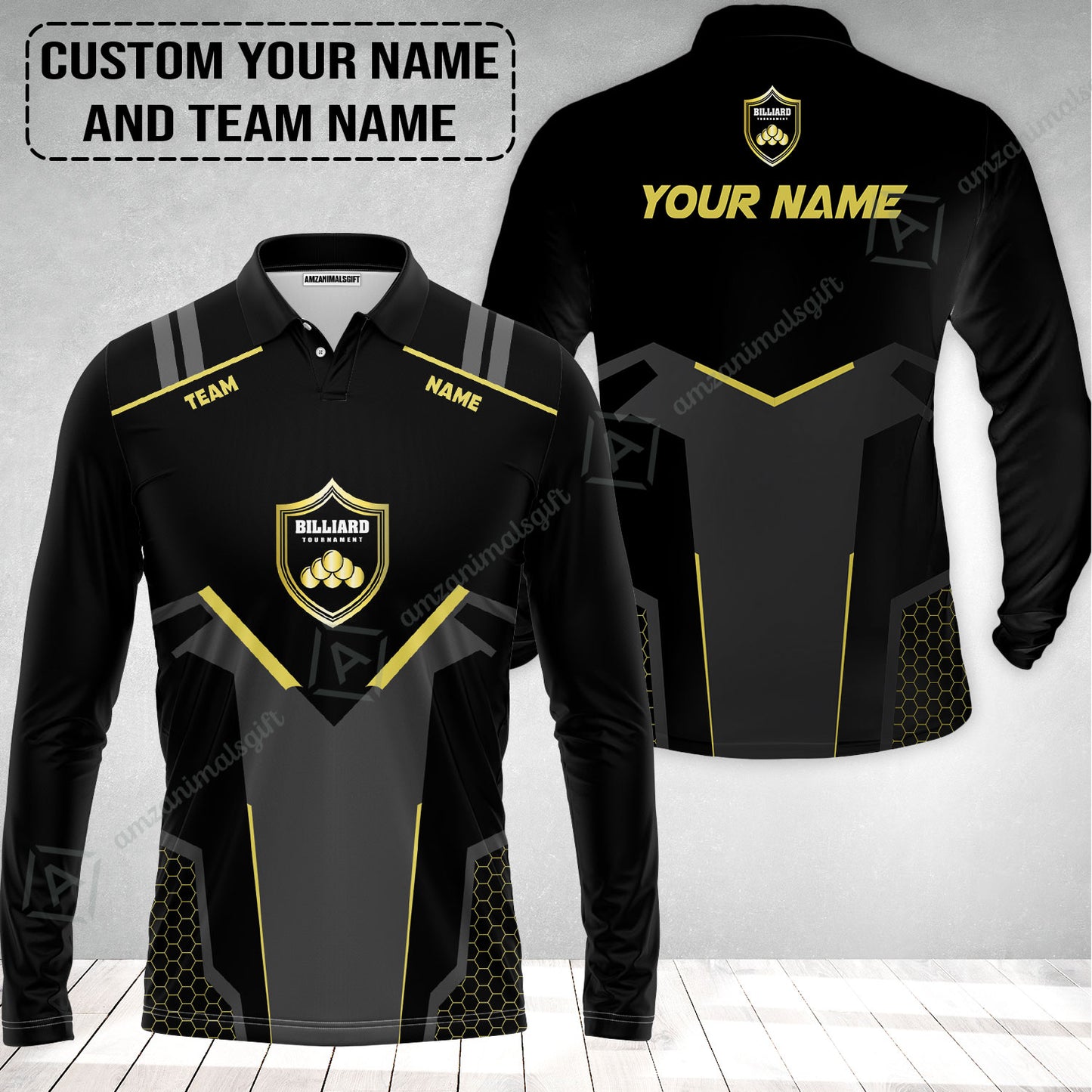 Personalized Billiards Long Polo Shirt, Golden Team Billiards Team Custom Shirt For Men