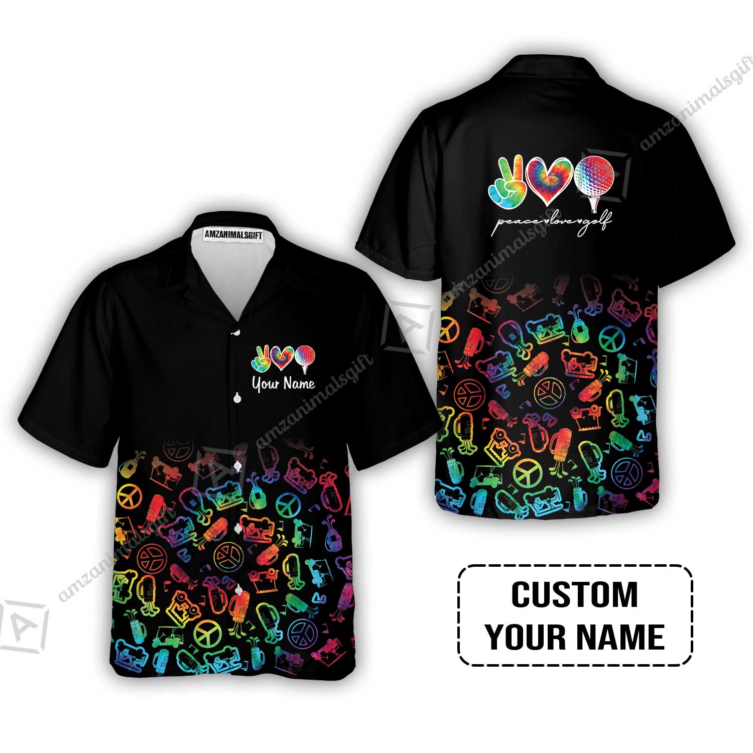 Golf Hawaiian Shirt Custom Name, Watercolor Peace Love Golf Golf Icon Personalized Hawaiian Shirt