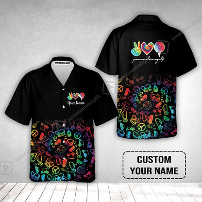 Golf Hawaiian Shirt Custom Name, Watercolor Peace Love Golf Golf Icon Personalized Hawaiian Shirt