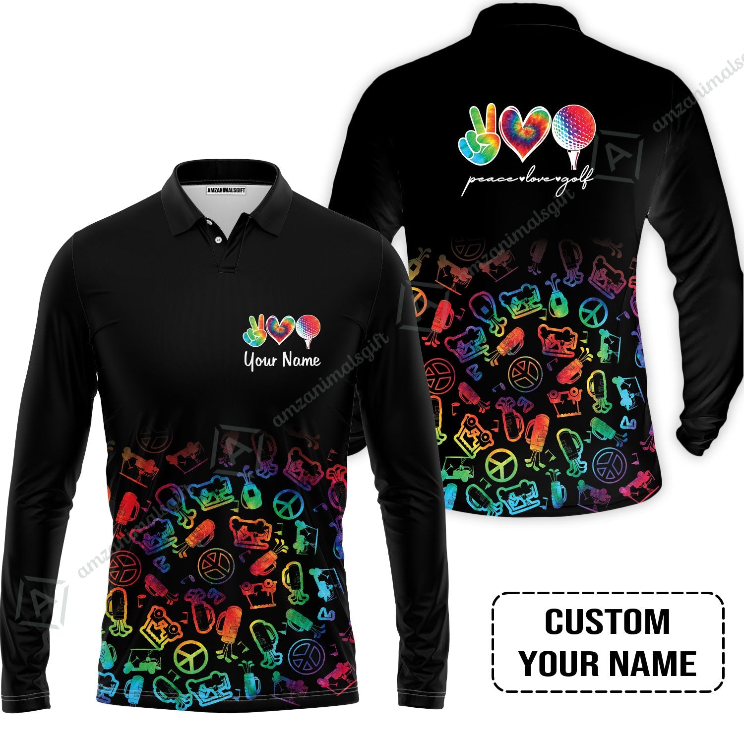Golf Long Sleeve Men Polo Shirt Custom Name, Watercolor Peace Love Golf Golf Icon Personalized Polo Shirt