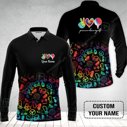 Golf Long Sleeve Men Polo Shirt Custom Name, Watercolor Peace Love Golf Golf Icon Personalized Polo Shirt