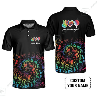 Golf T-Shirt Custom Name, Watercolor Peace Love Golf Golf Icon Personalized T-Shirt