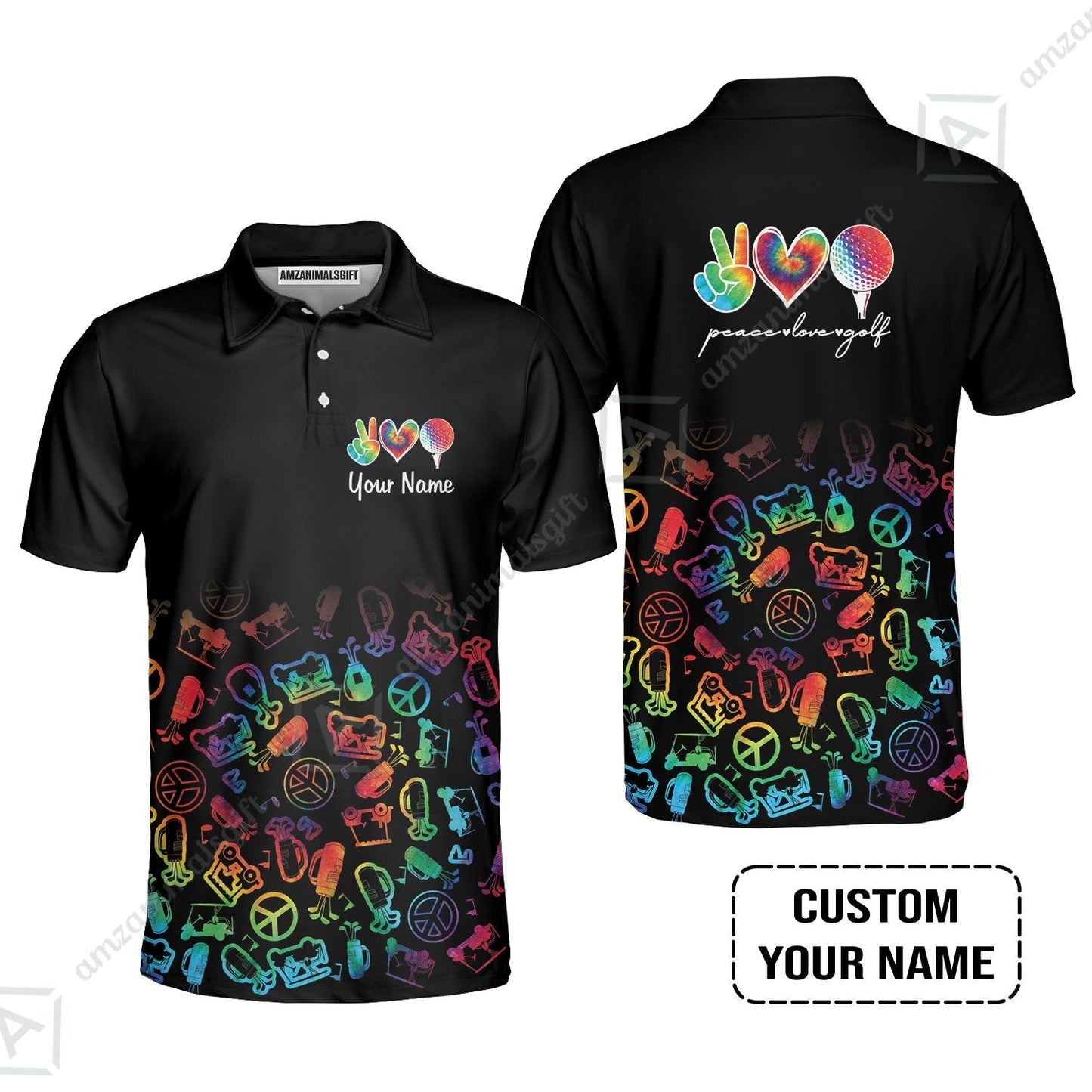 Golf Women Sleeveless Polo Shirt Custom Name, Watercolor Peace Love Golf Golf Icon Personalized Polo Shirt