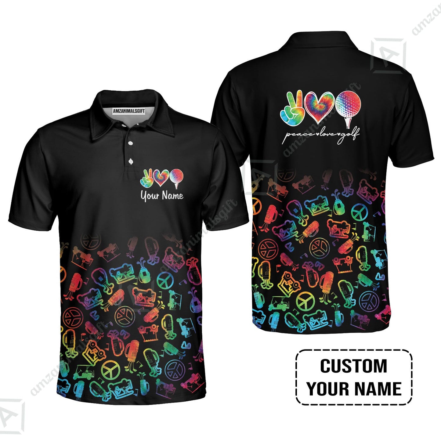 Golf Long Sleeve Men Polo Shirt Custom Name, Watercolor Peace Love Golf Golf Icon Personalized Polo Shirt