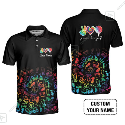 Golf Long Sleeve Men Polo Shirt Custom Name, Watercolor Peace Love Golf Golf Icon Personalized Polo Shirt