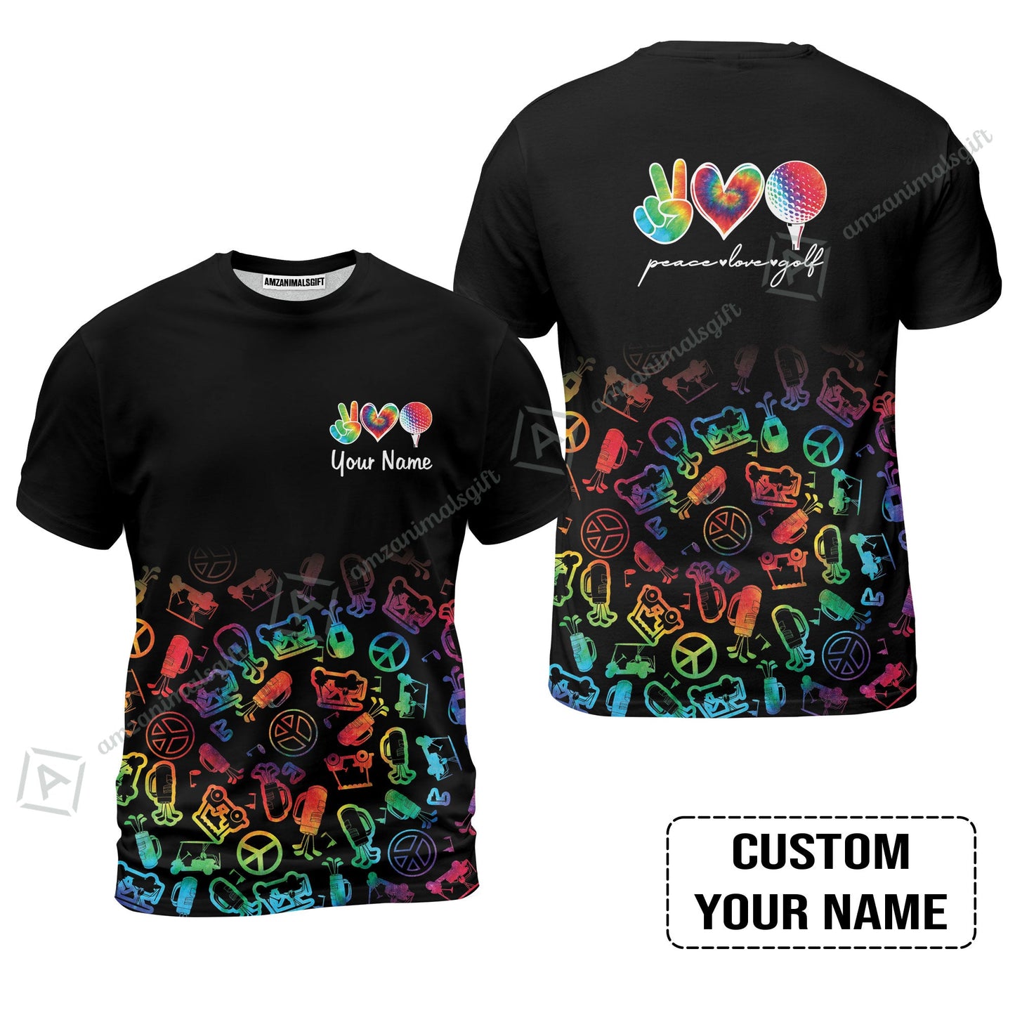 Golf Long Sleeve Men Polo Shirt Custom Name, Watercolor Peace Love Golf Golf Icon Personalized Polo Shirt