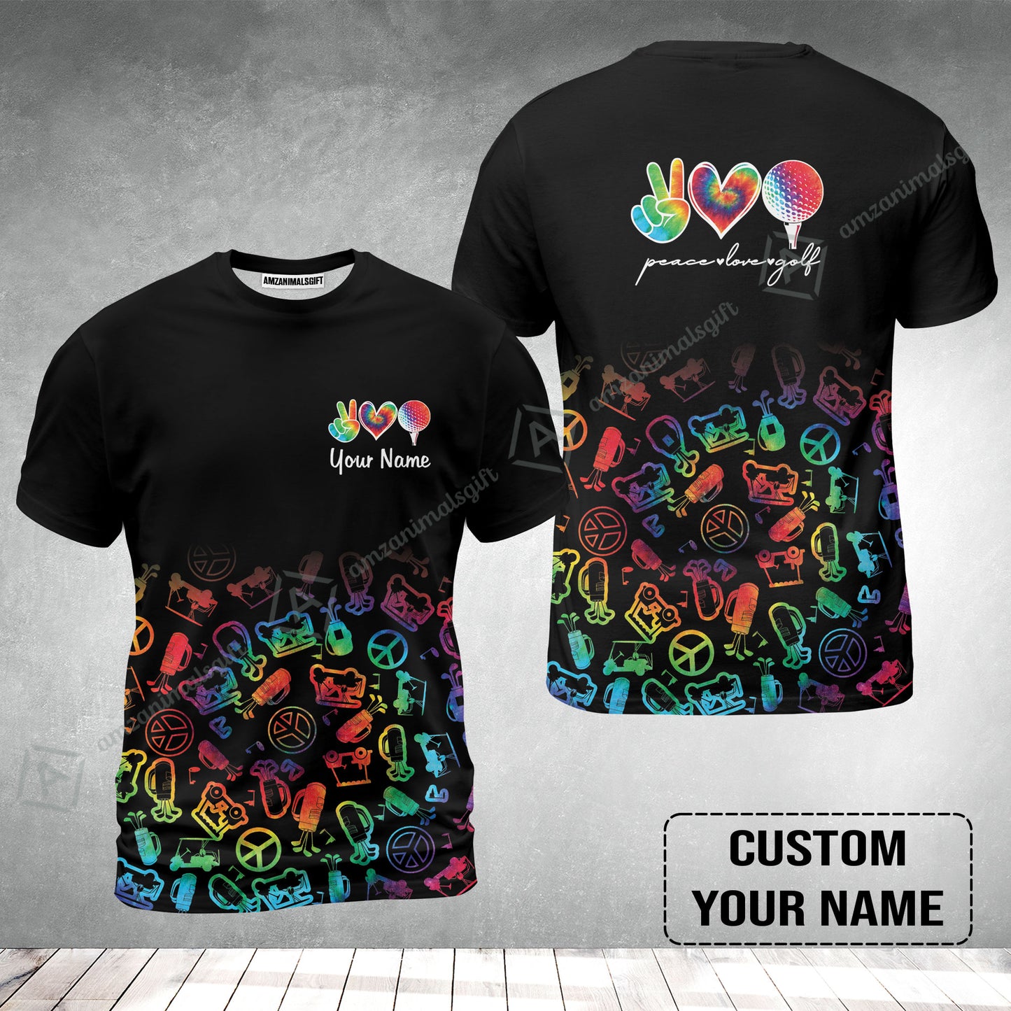 Golf T-Shirt Custom Name, Watercolor Peace Love Golf Golf Icon Personalized T-Shirt