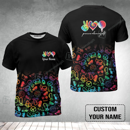 Golf T-Shirt Custom Name, Watercolor Peace Love Golf Golf Icon Personalized T-Shirt