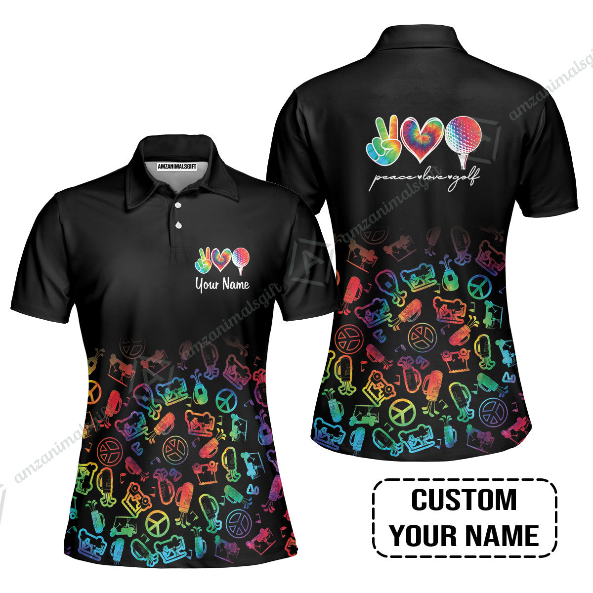 Golf Women Polo Shirt Custom Name, Watercolor Peace Love Golf Golf Icon Personalized Polo Shirt