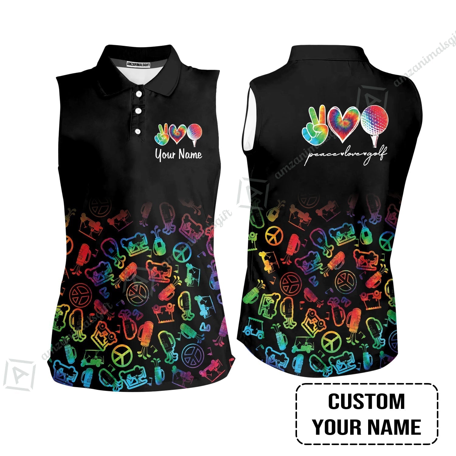 Golf Women Sleeveless Polo Shirt Custom Name, Watercolor Peace Love Golf Golf Icon Personalized Polo Shirt