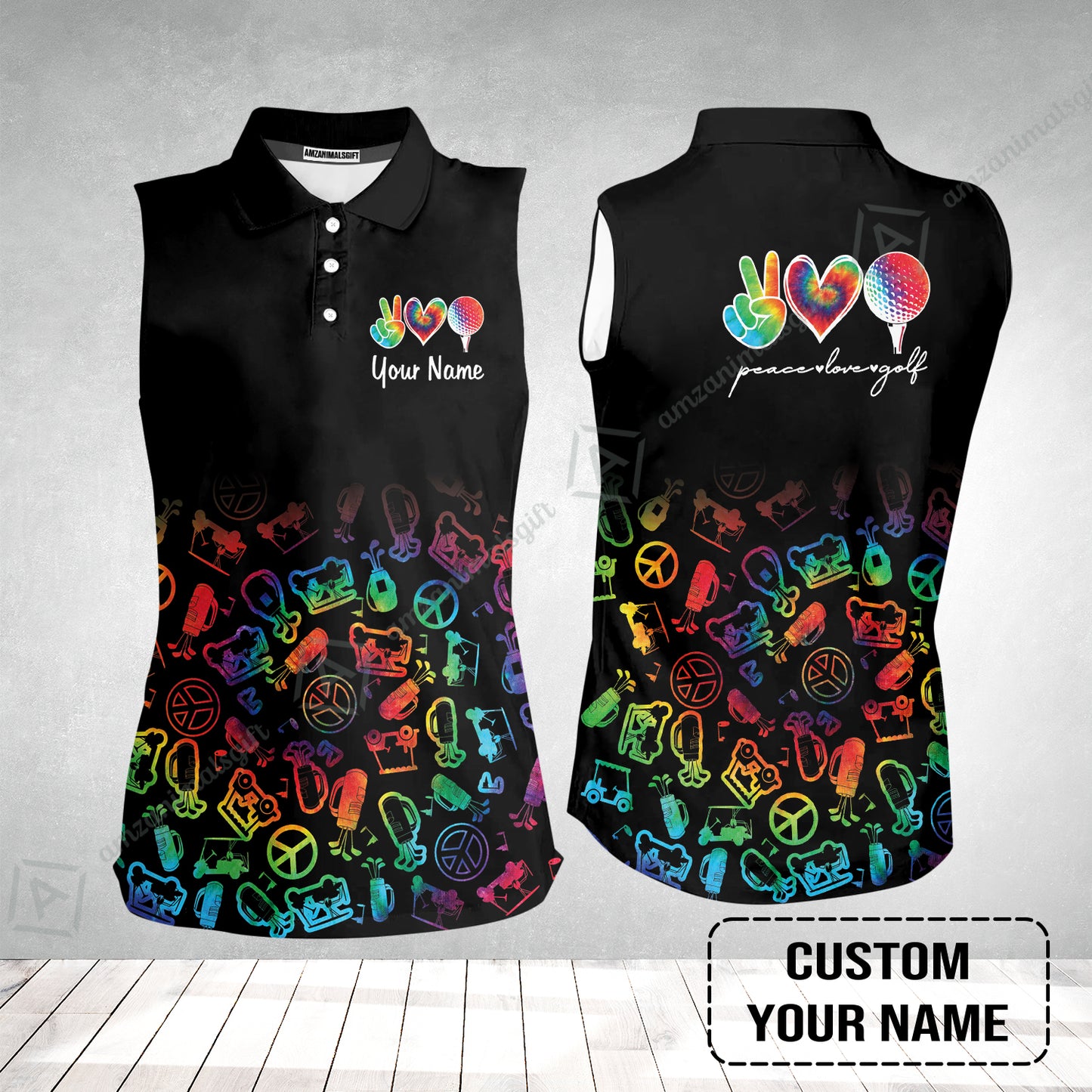 Golf Women Sleeveless Polo Shirt Custom Name, Watercolor Peace Love Golf Golf Icon Personalized Polo Shirt