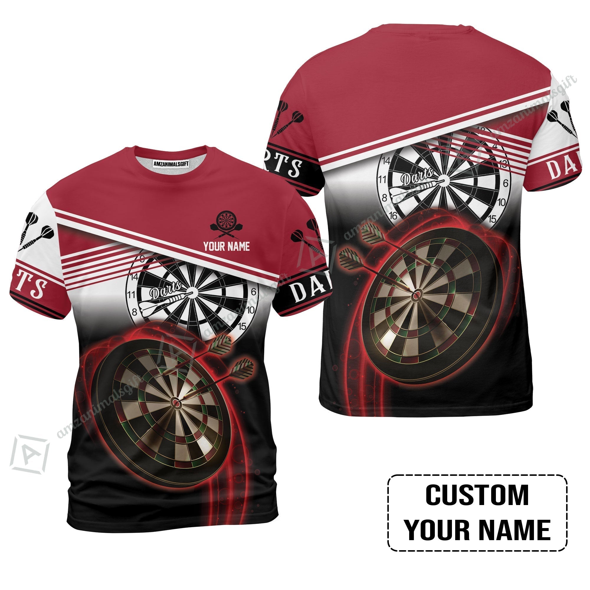 Personalised Darts T-Shirt, Darts Red Black & White Background Custom Name T-Shirt