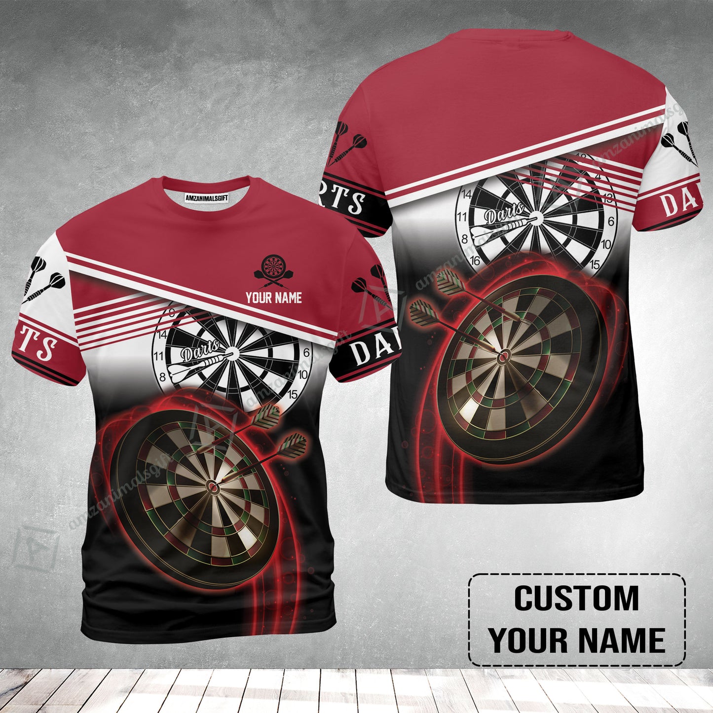 Personalised Darts T-Shirt, Darts Red Black & White Background Custom Name T-Shirt