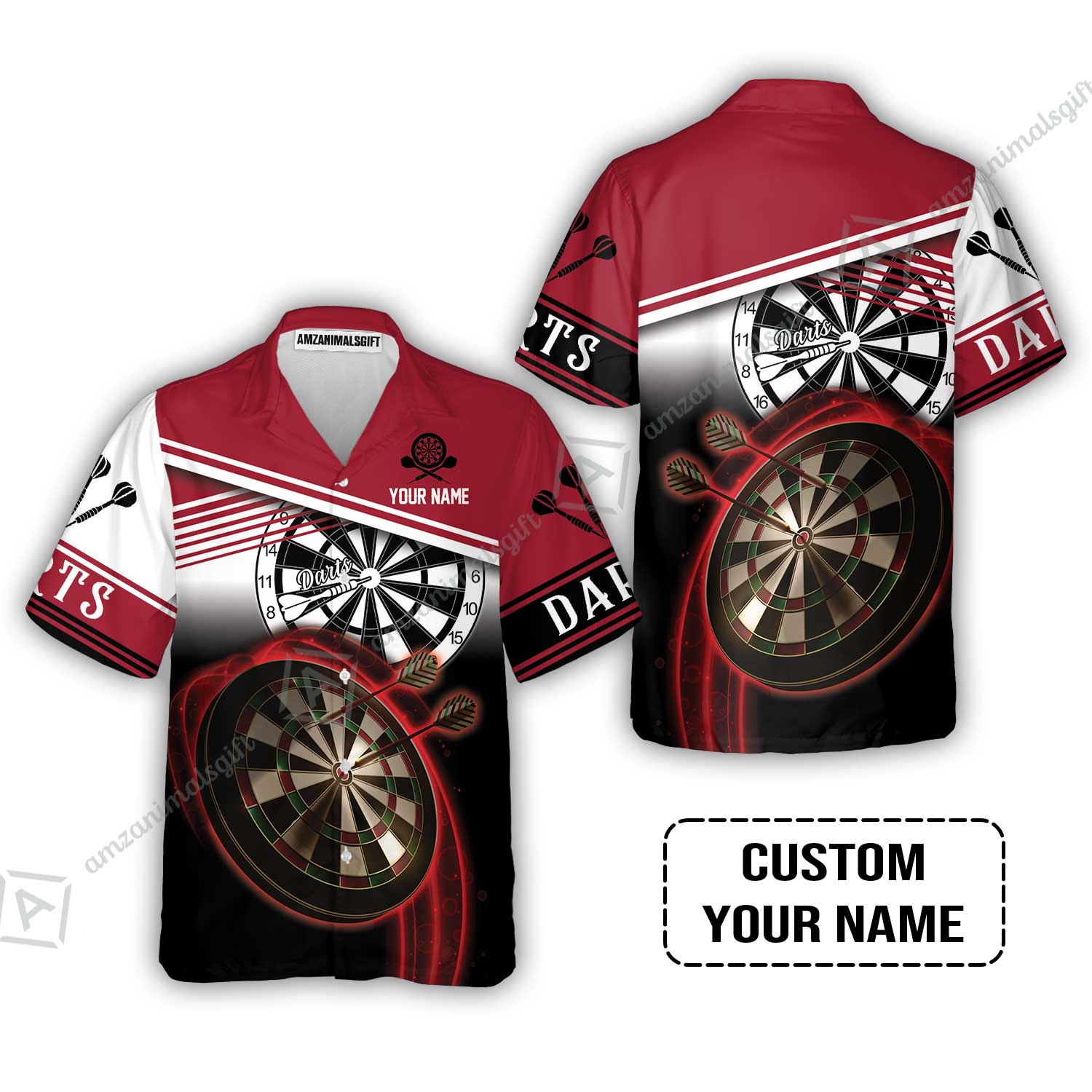 Personalised Darts Hawaiian Shirt, Darts Red Black & White Background Custom Name Hawaiian Shirt