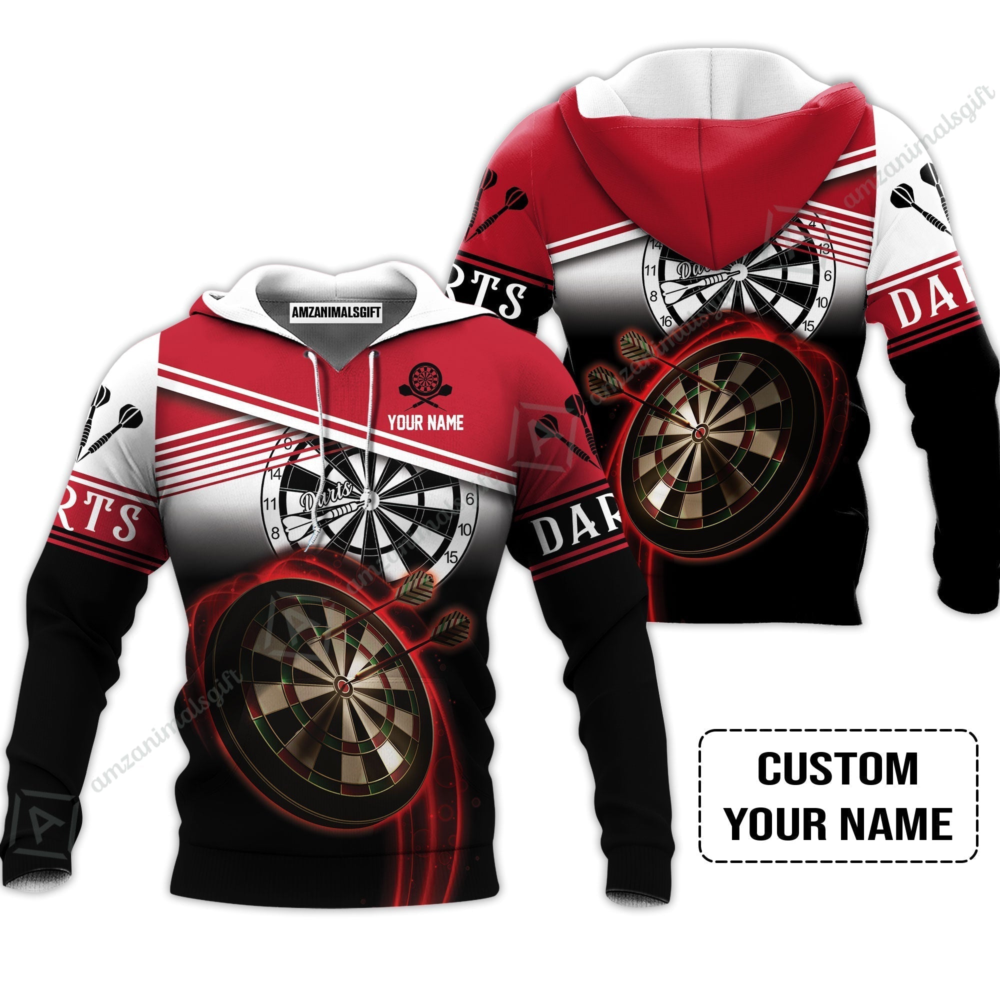 Personalised Darts Hoodie, Darts Red Black & White Background Custom Name Hoodie