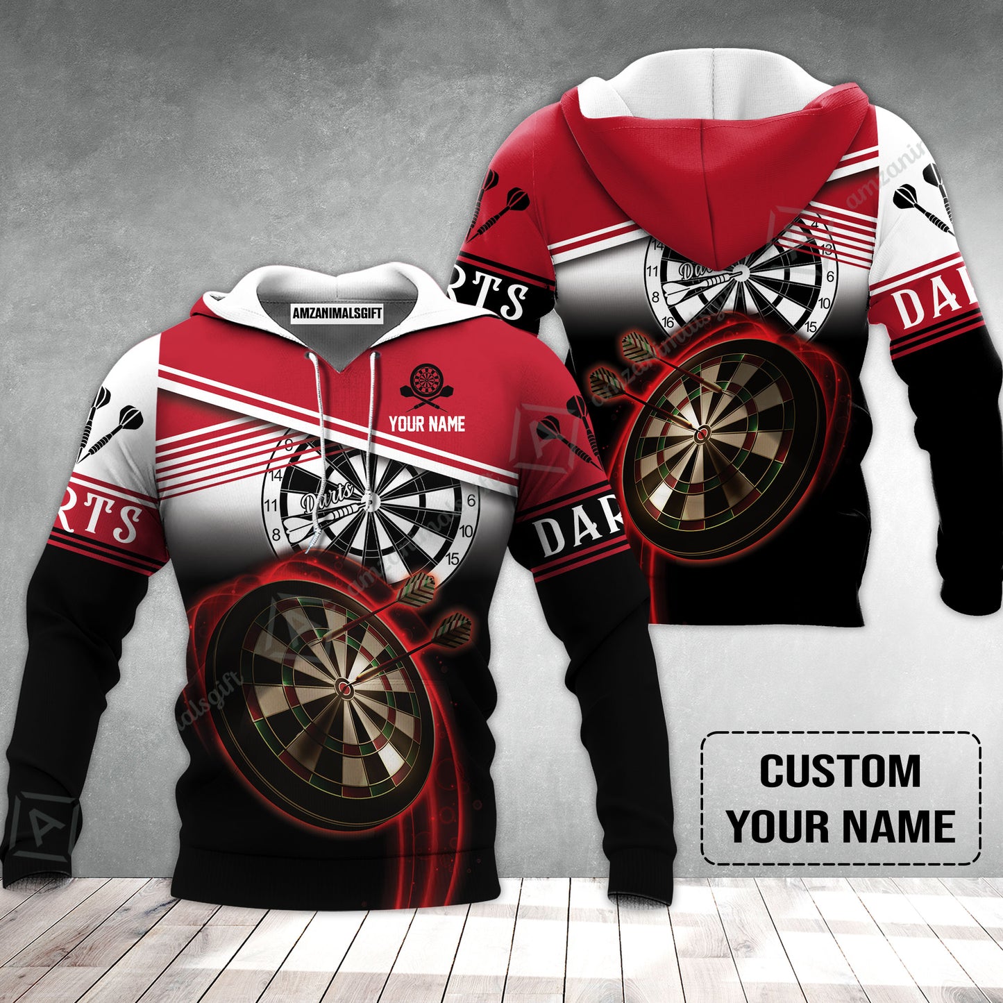 Personalised Darts Hoodie, Darts Red Black & White Background Custom Name Hoodie