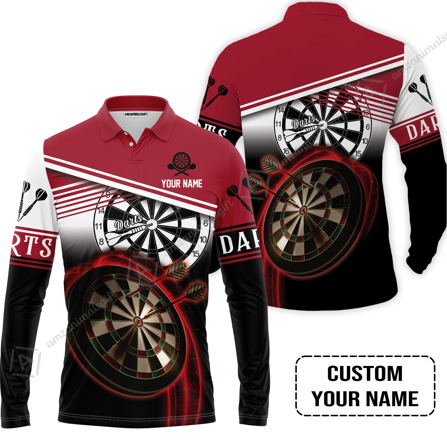 Personalised Darts Long Polo Shirt, Darts Red Black & White Background Custom Name Men Polo Shirts