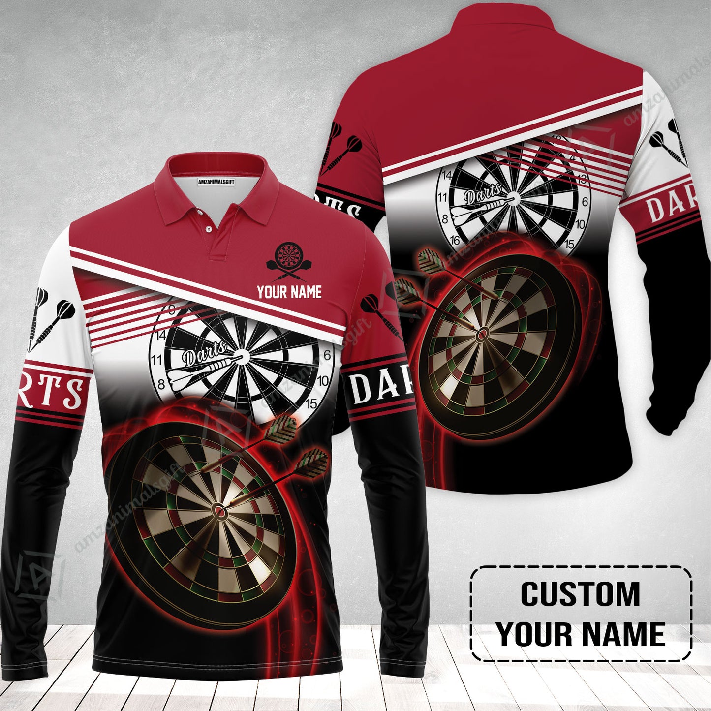 Personalised Darts Long Polo Shirt, Darts Red Black & White Background Custom Name Men Polo Shirts