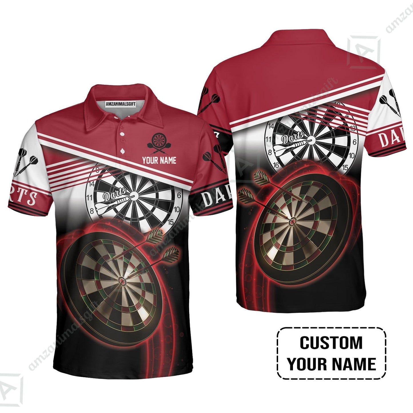 Personalised Darts Zip Polo Shirt, Darts Red Black & White Background Custom Name Zip Polo Shirt