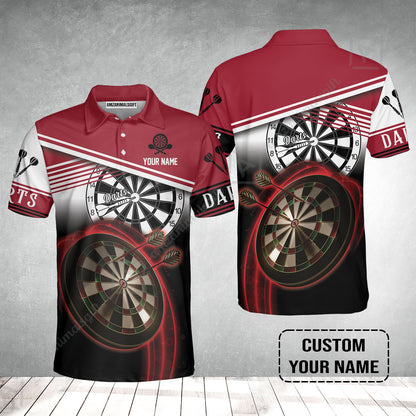 Personalised Darts Polo Shirts, Darts Red Black & White Background Custom Name Men Polo Shirts