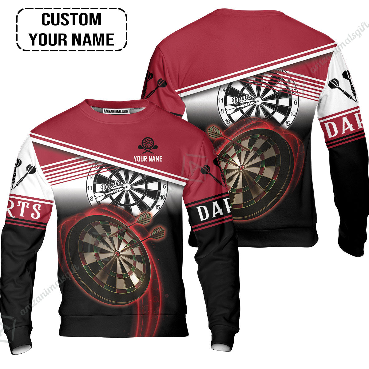 Personalised Darts Sweatshirt, Darts Red Black & White Background Custom Name Sweatshirt