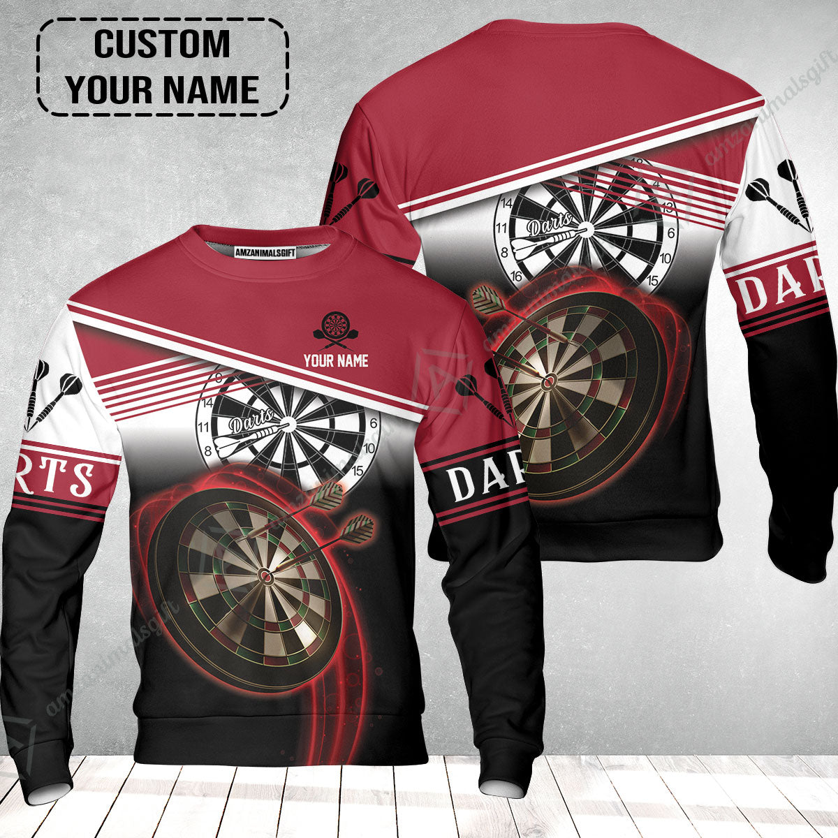 Personalised Darts Sweatshirt, Darts Red Black & White Background Custom Name Sweatshirt