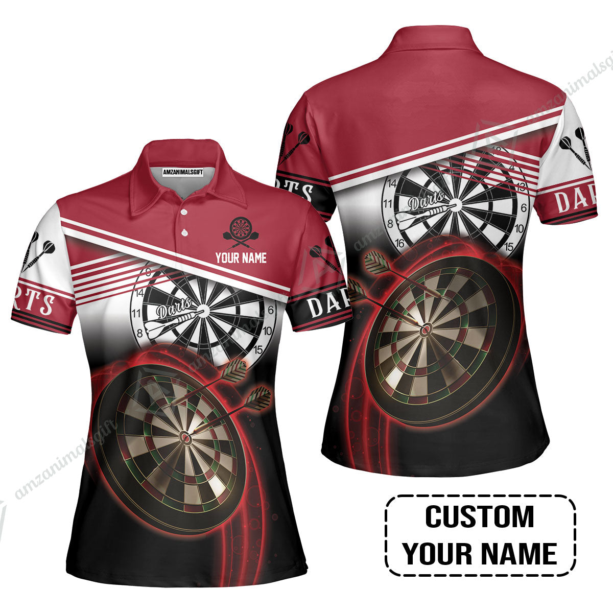 Personalised Darts Women Polo Shirt, Darts Red Black & White Background Custom Name Women Polo Shirt