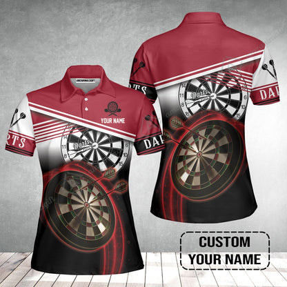 Personalised Darts Women Polo Shirt, Darts Red Black & White Background Custom Name Women Polo Shirt