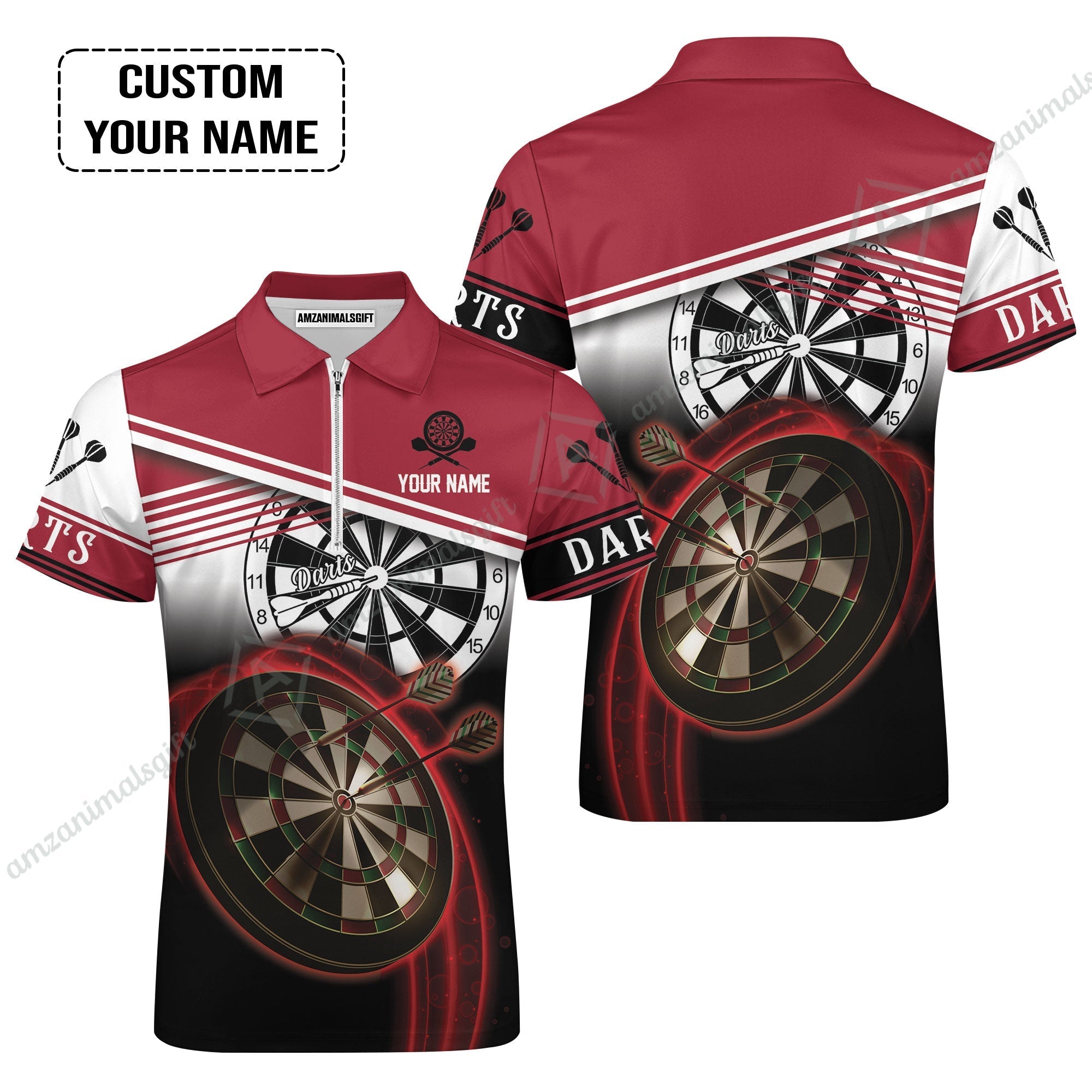 Personalised Darts Zip Polo Shirt, Darts Red Black & White Background Custom Name Zip Polo Shirt