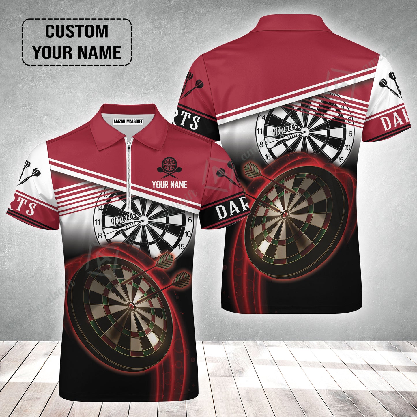 Personalised Darts Zip Polo Shirt, Darts Red Black & White Background Custom Name Zip Polo Shirt