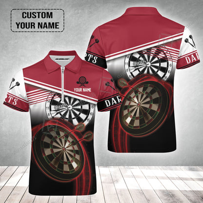 Personalised Darts Zip Polo Shirt, Darts Red Black & White Background Custom Name Zip Polo Shirt