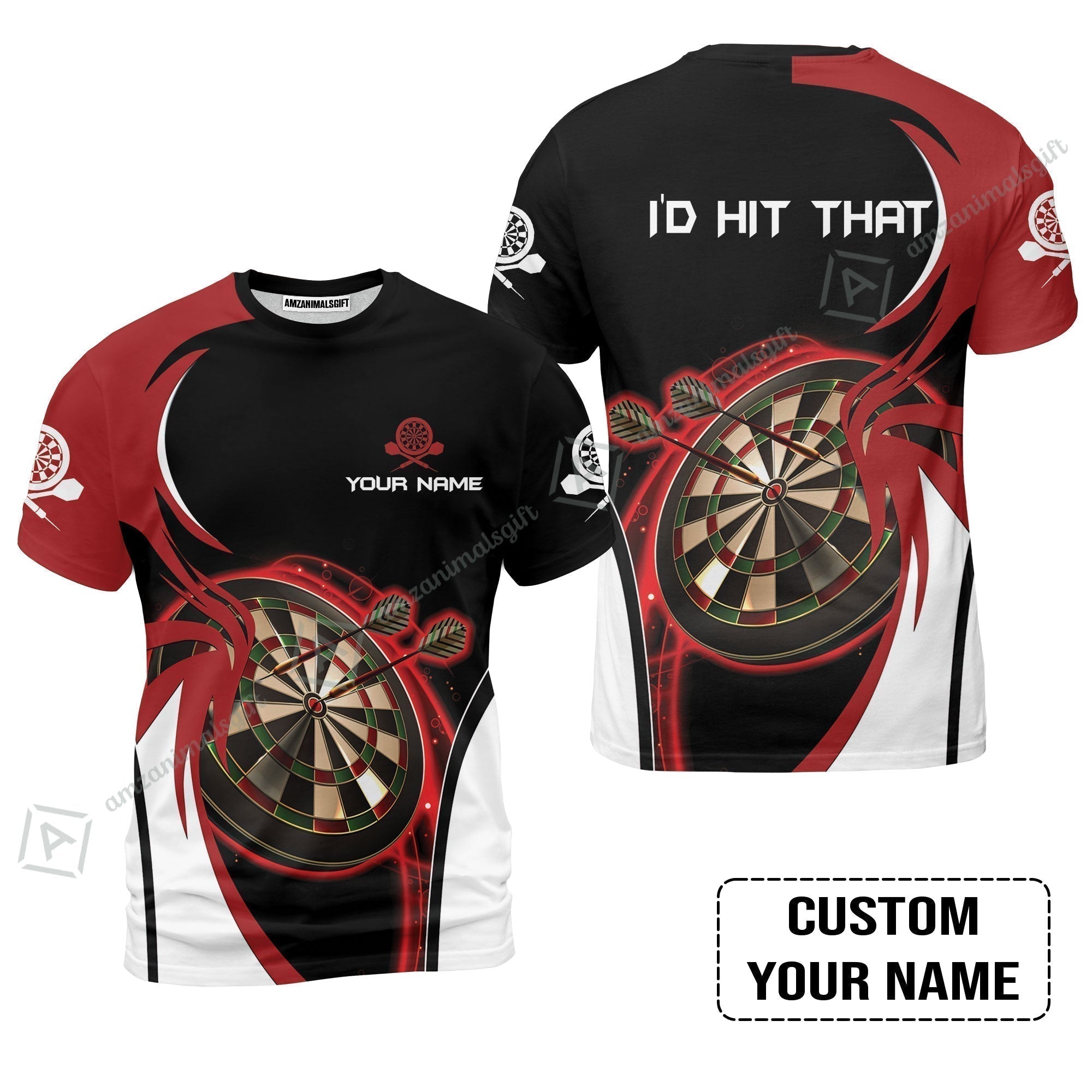 Personalised Darts T-Shirt, I'D Hit That Darts Red Black Background Custom Name T-Shirt