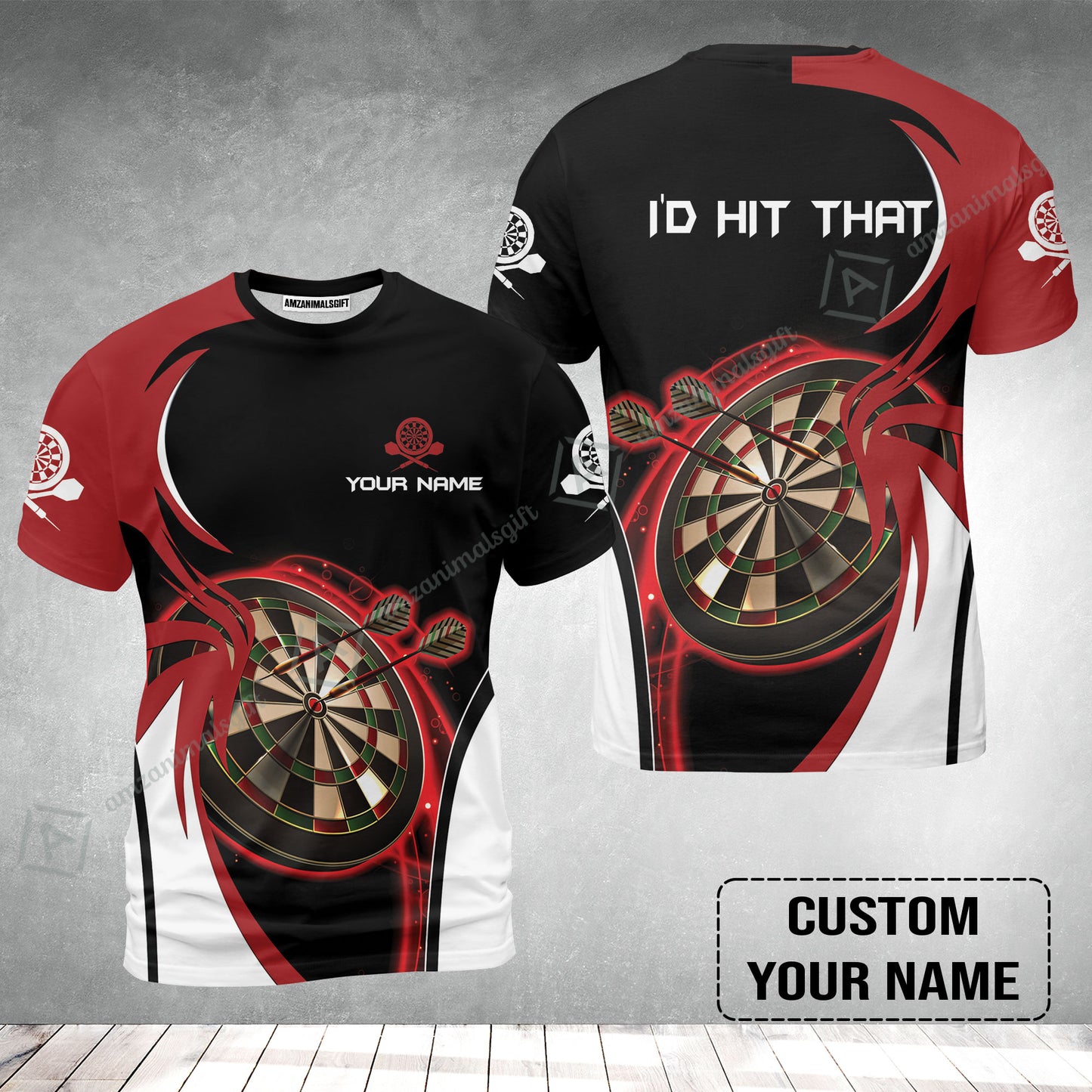 Personalised Darts T-Shirt, I'D Hit That Darts Red Black Background Custom Name T-Shirt