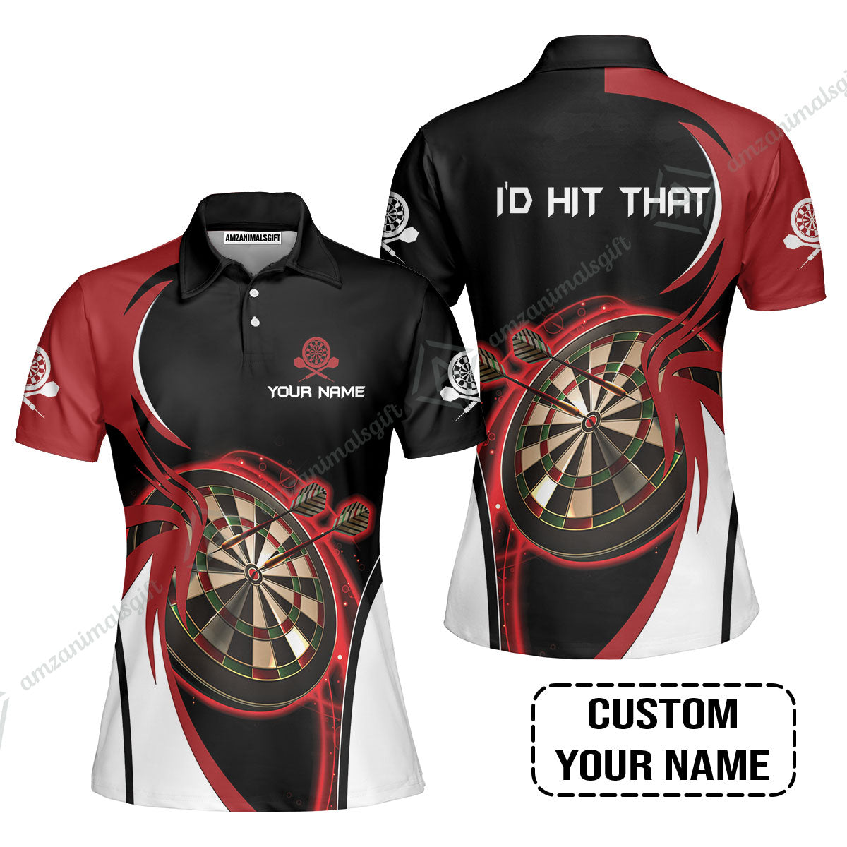 Personalised Darts Long Polo Shirt, I'D Hit That Darts Red Black Background Custom Name Long Polo Shirt