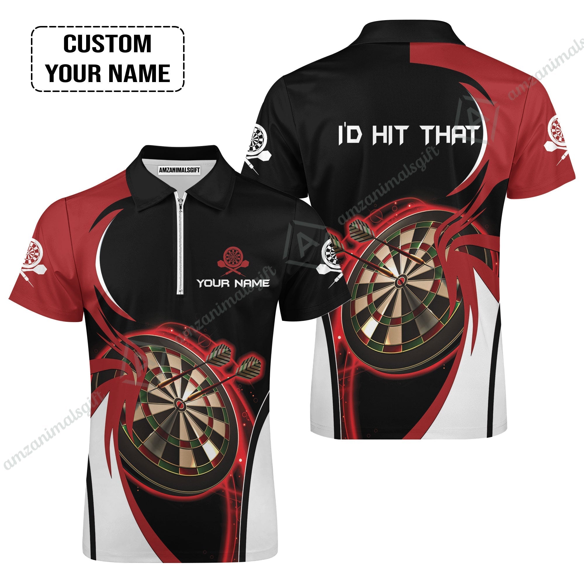 Personalised Darts Zip Polo Shirt, I'D Hit That Darts Red Black Background Custom Name Zip Polo Shirt