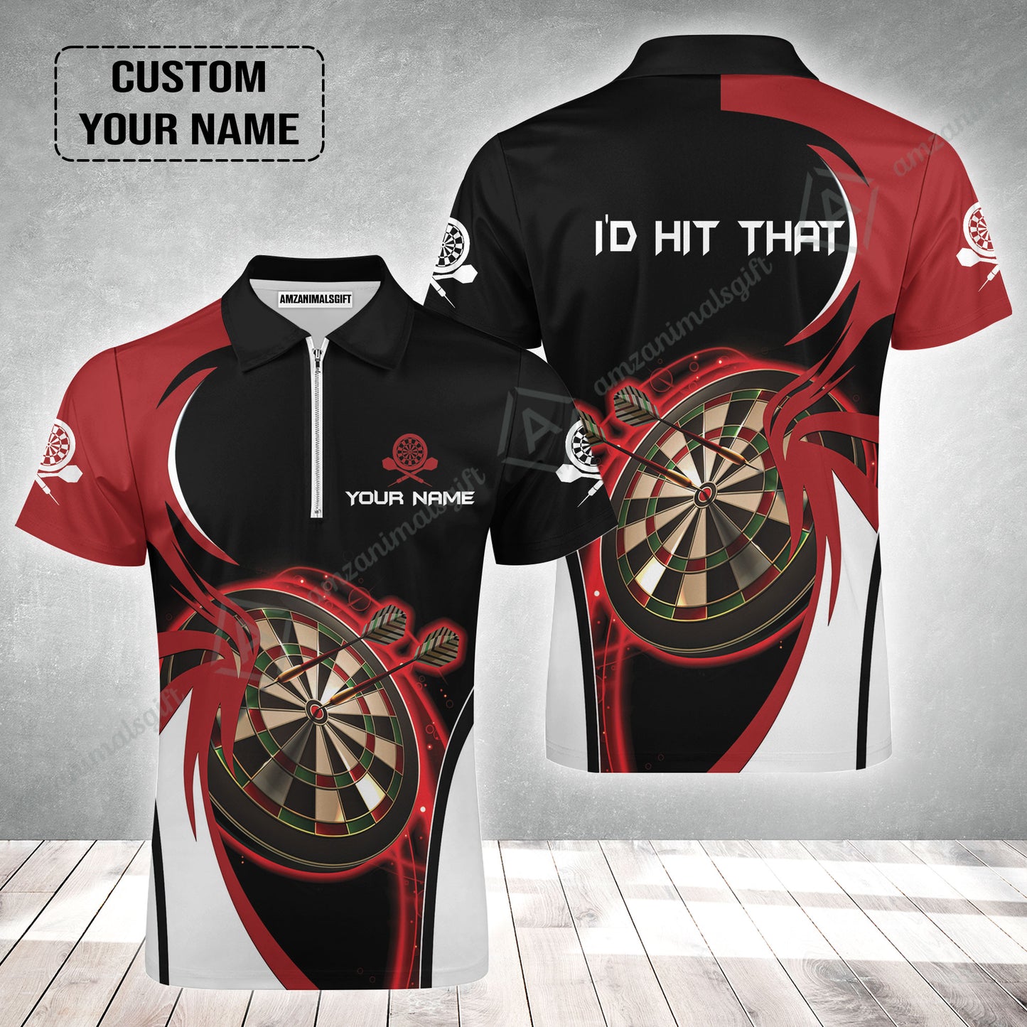 Personalised Darts Zip Polo Shirt, I'D Hit That Darts Red Black Background Custom Name Zip Polo Shirt