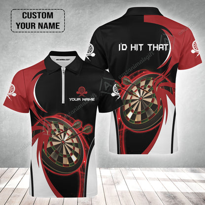 Personalised Darts Zip Polo Shirt, I'D Hit That Darts Red Black Background Custom Name Zip Polo Shirt
