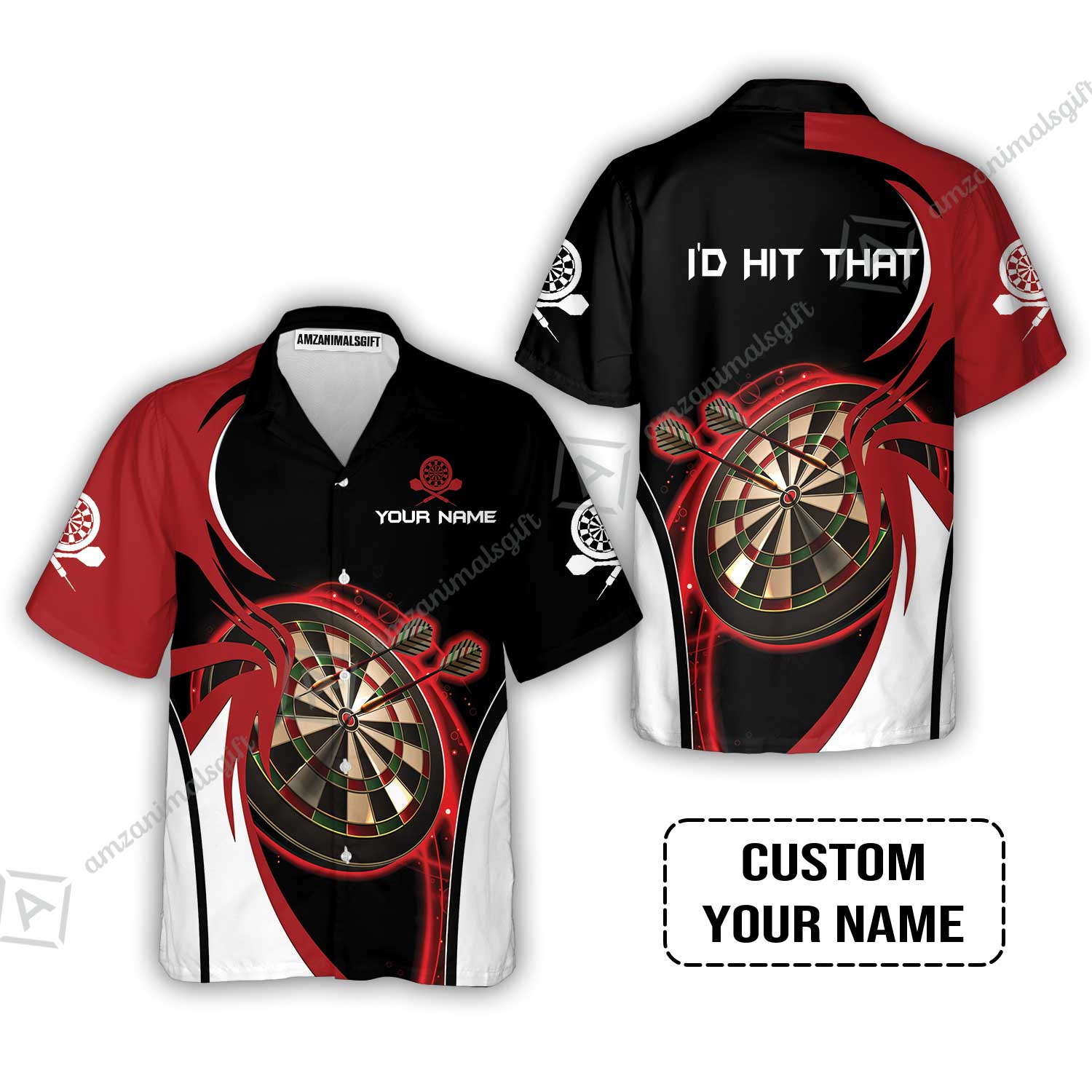 Personalised Darts Hawaiian Shirt, I'D Hit That Darts Red Black Background Custom Name Hawaiian Shirt