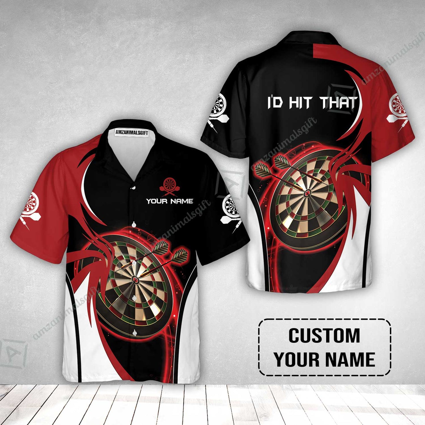 Personalised Darts Hawaiian Shirt, I'D Hit That Darts Red Black Background Custom Name Hawaiian Shirt