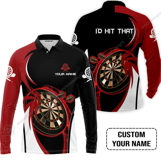 Personalised Darts Long Polo Shirt, I'D Hit That Darts Red Black Background Custom Name Long Polo Shirt