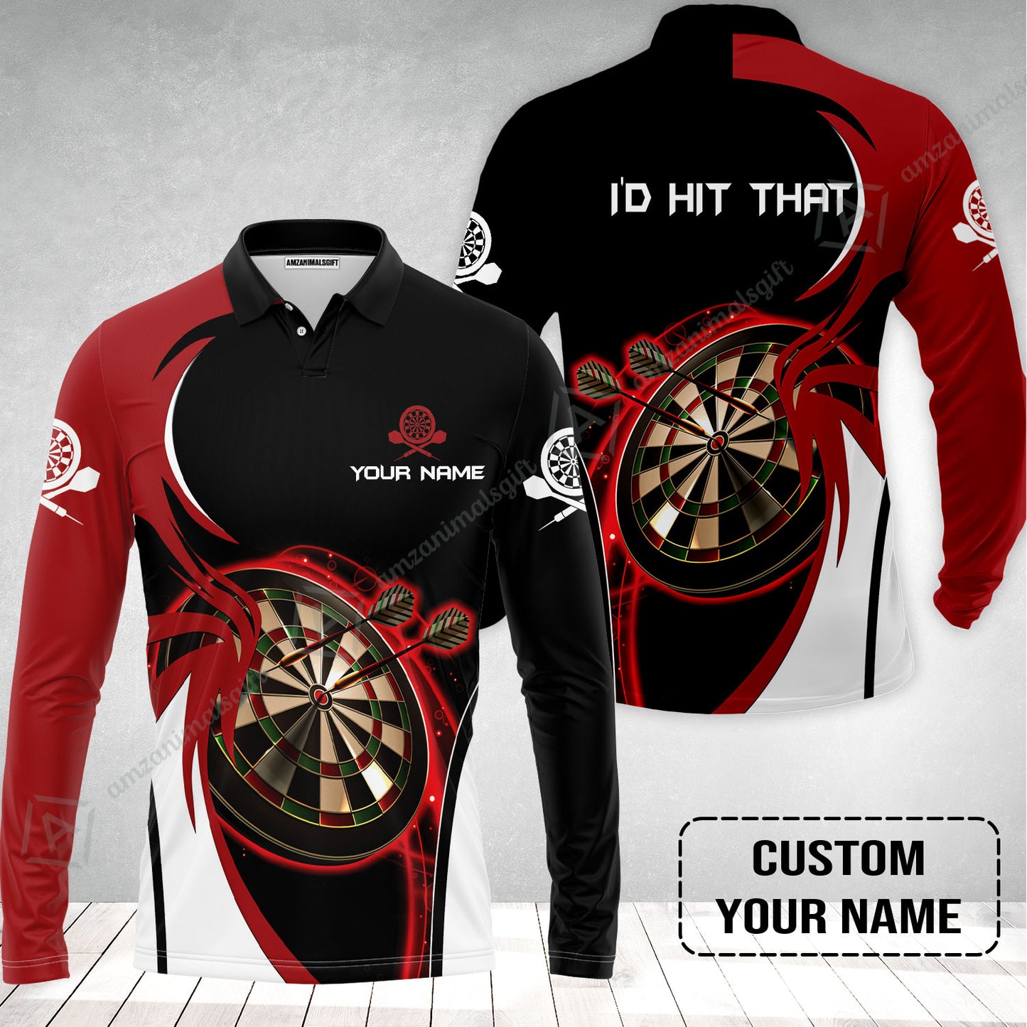 Personalised Darts Long Polo Shirt, I'D Hit That Darts Red Black Background Custom Name Long Polo Shirt