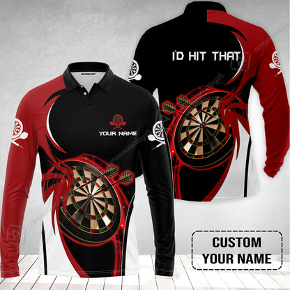 Personalised Darts Long Polo Shirt, I'D Hit That Darts Red Black Background Custom Name Long Polo Shirt