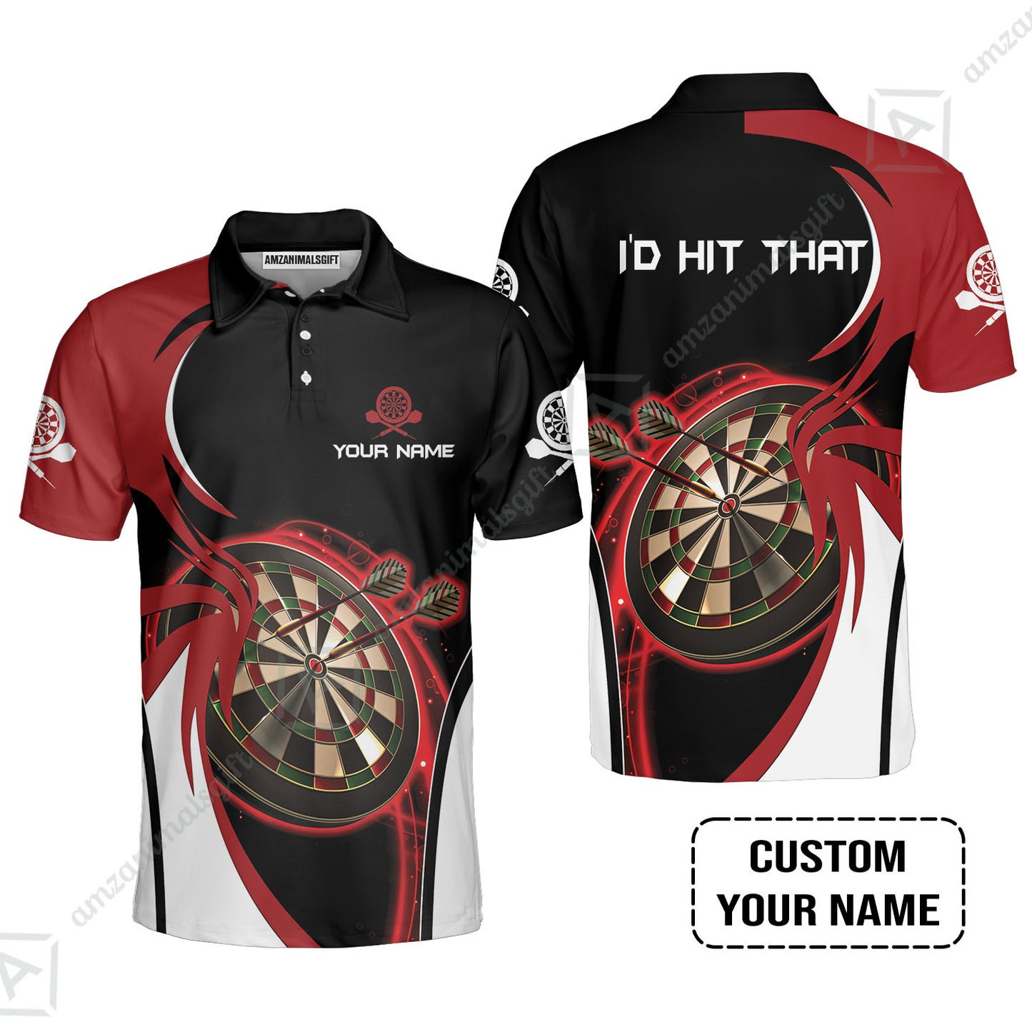 Personalised Darts Men Polo Shirts, I'D Hit That Darts Red Black Background Custom Name  Polo Shirts