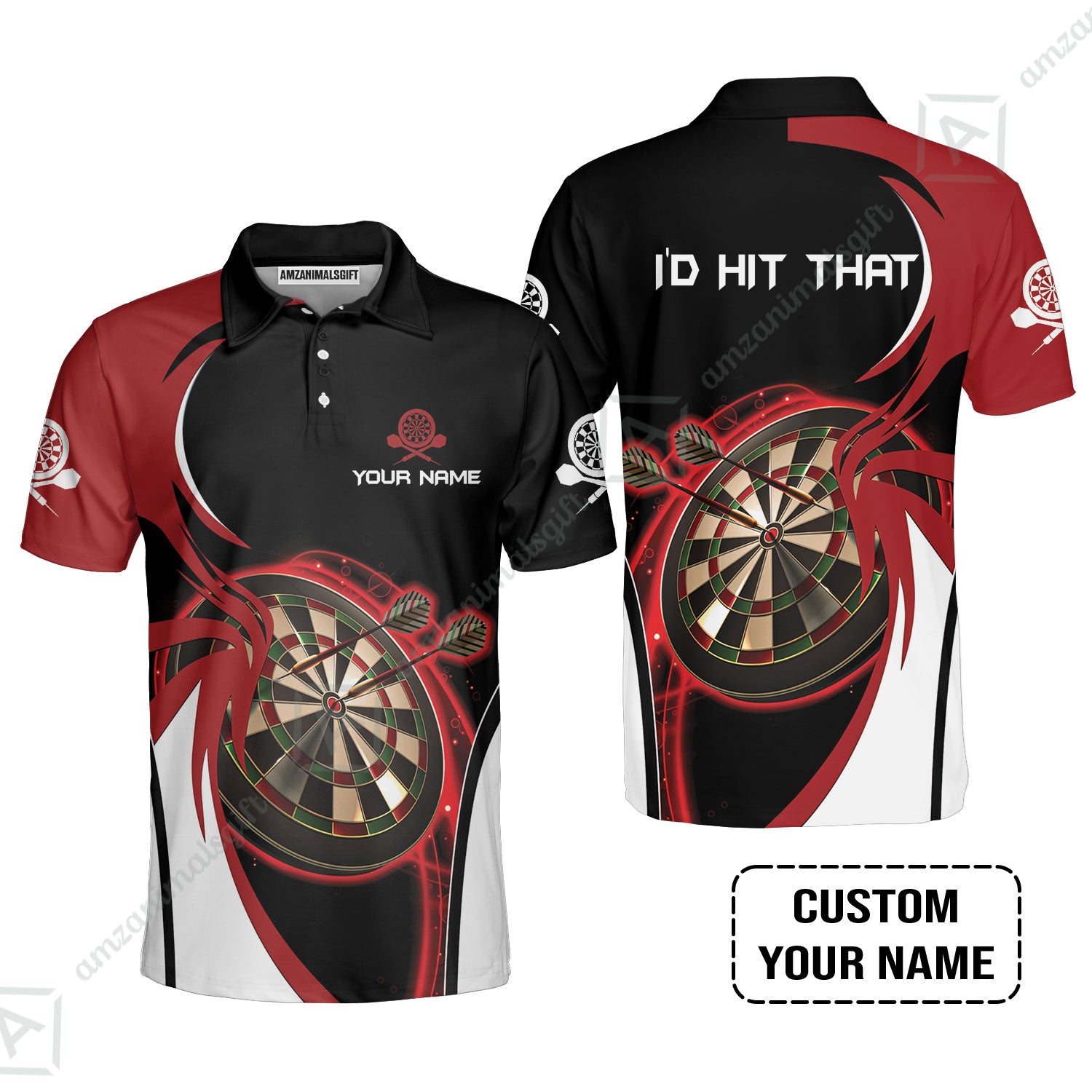 Personalised Darts Polo Shirts, I'D Hit That Darts Red Black Background Custom Name  Polo Shirts